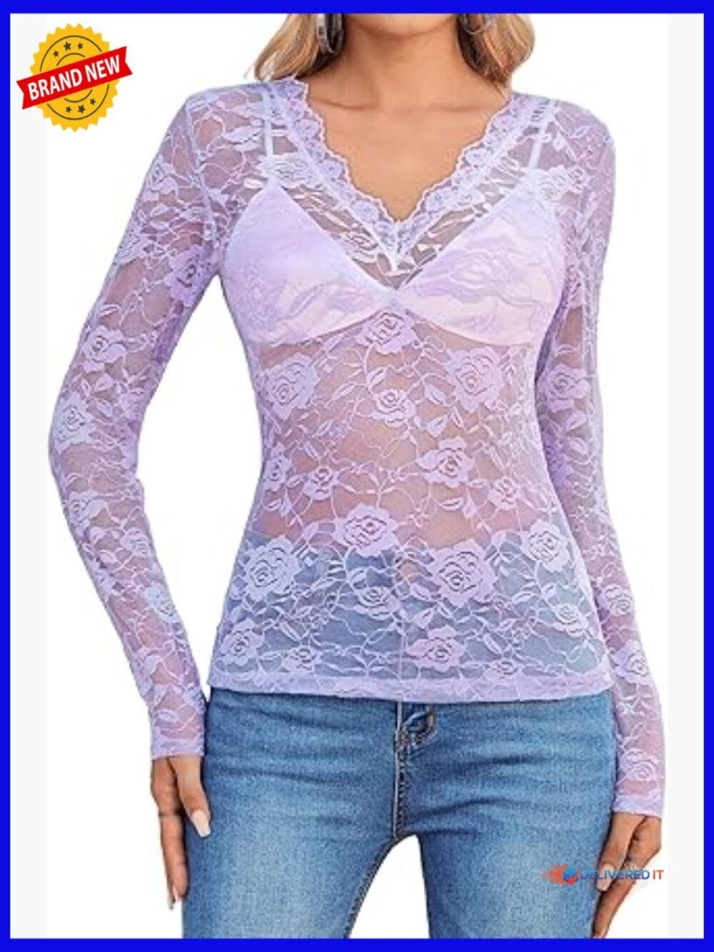 Sheer Mesh Long Sleeve V-Neck Lace Blouse Floral Embroidery Top S-XXL